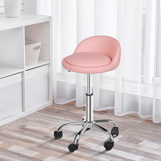 HomGarden Adjustable Hydraulic Rolling Swivel Stool for Massage Salon Office Facial Spa Medical Tattoo Chair Stool w/Backrest Cushion & Wheels (Pink)