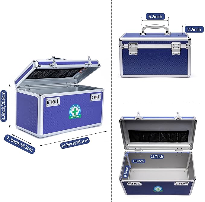 Lockable Medication Box with Portable Storage Case, 14.2''x 7.2''x 8.2'', Childproof Medicine Lock Organizer, Locked Empty First Aid Storage Case (Blue/Large)