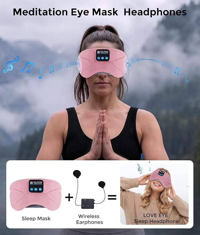 LOVE EYE Sleep Headphones Bluetooth 5.4 Sleeping Eye Mask Wireless Music Earphones with HD Speakers for Side Sleepers Total Blackout Cotton Mask for Travel, Home, Office, Unique Gifts