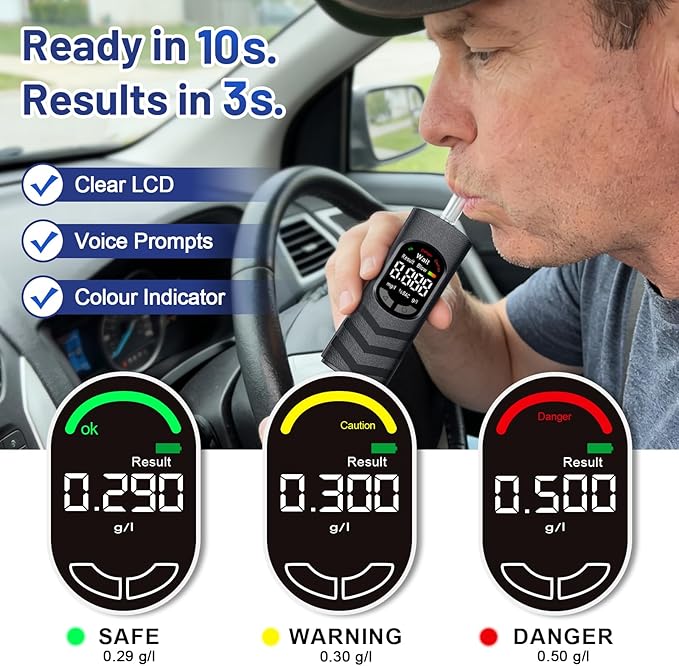 Breathalyzer Alcohol Tester, USB-C Rechargeable Breath Alcohol Tester with Color LCD Display, Semiconductor Sensor, 20 Mouthpieces, Portable Pocket Device for Home, Parties, Car Safety Checks Grey