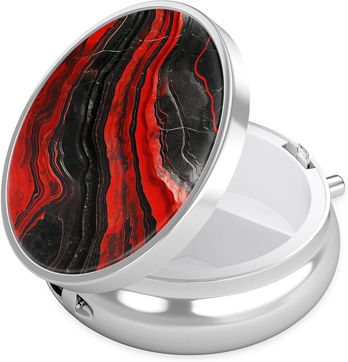 Black Red Marble Pill Case, Pill Box 3 Compartments Metal Small Pill Holder with Mirror Mini Travel Pill Container for Purse Pocket Women Men