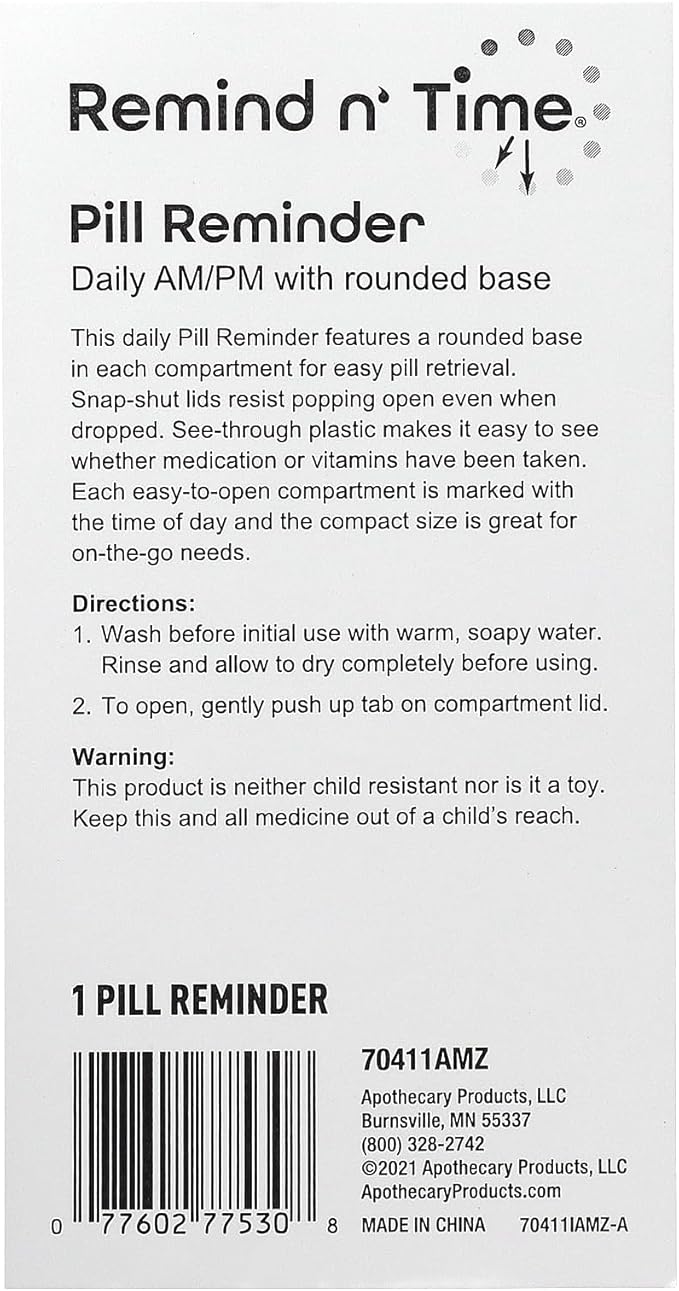 Remind N' Time Daily AM/PM Portable Travel Pill Organizer, Vitamin and Medicine Box, Snap-Shut Lids, Clear
