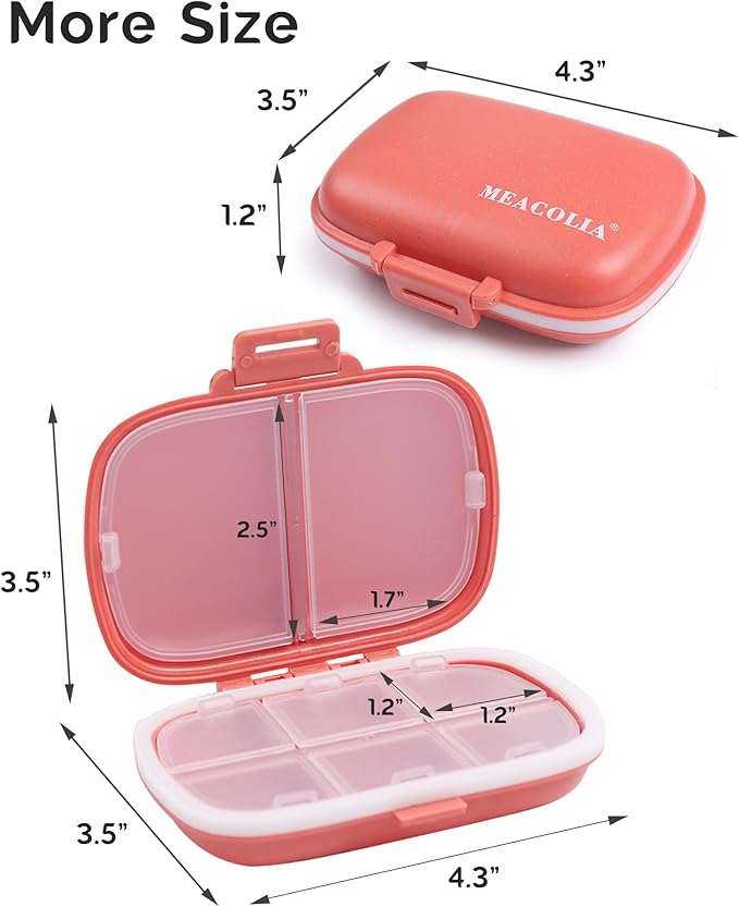 8 Compartments Travel Pill Organizer, Daily Pill Case Small Pill Box for Pocket Purse, Portable Pill Container Medicine Vitamin Organizer (Red)