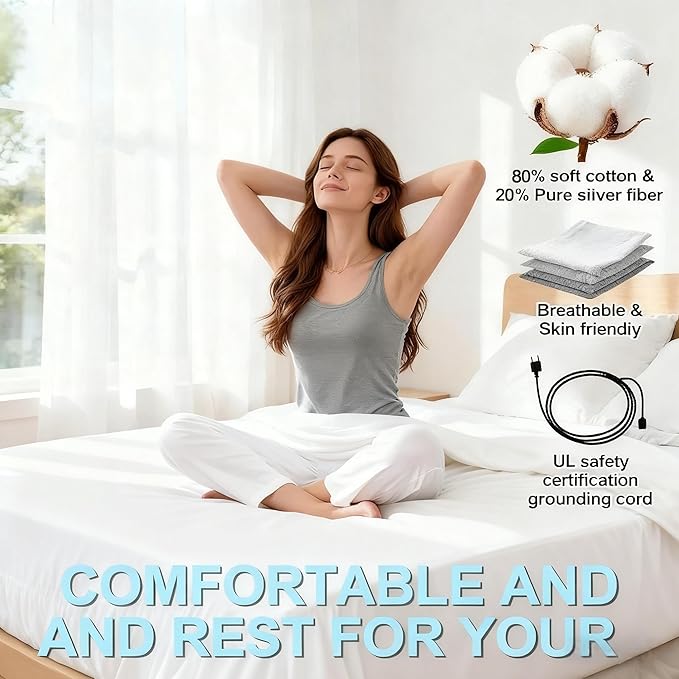 Grounding Sheets Queen Size, 20% Pure Silver Fiber + 80% Organic Cotton, Grounded Sheet Earth Connected Bedding Fitted Earth Sheets with Cord