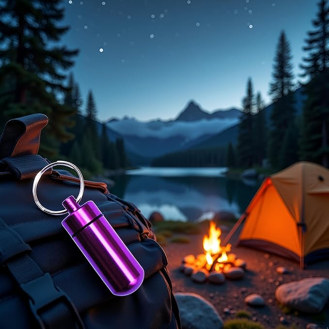 Purple Pill Organizer Mini Pill Box, Metal Pill Box Emergency Medicine Drug Box Tank with Keychain Case Stainless Steel for Outdoor Travel Waterproof Case Outdoor Camping Hiking Traveling Pill Organiz