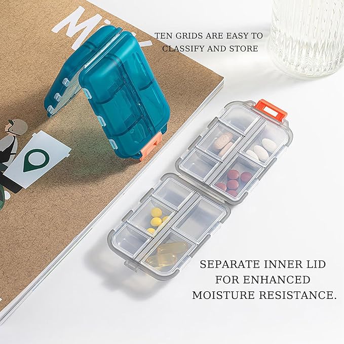 2Pack Travel Pill Organizer - 10 Compartments Pill Case with 64 Stickers, Pill Organizer 2 Times A Day, 10 Days Portable Compartments for Vitamins, Fish Oils, Supplements(Green)