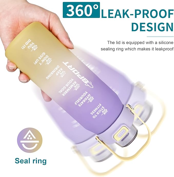 Motivational Water Bottle 32oz with Time Marker- Leakproof & BPA Free Sports Water Bottle with Straw & Carry Strap for Gym, Travel and Outdoor Sports (Purple/Yellow Gradient)