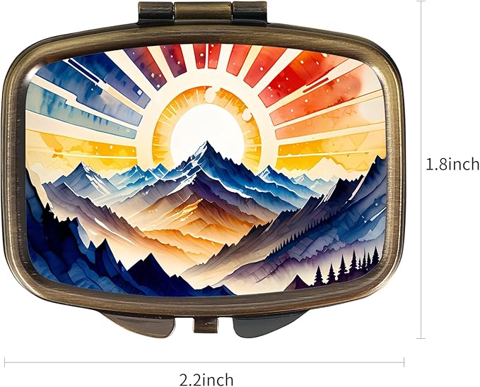 Dynippy Pill Case Pill Box with Mirror Retro Pocket 2 Compartment Medicine Case Vitamin Pill Organizer for Pocket Purse and Travel (Retro- Mountain Sunrise)