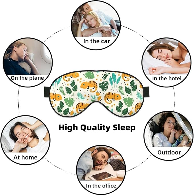 Cute Chameleons and Tropical Leaves Sleep Mask Eye Mask with Adjustable Strap Eye Sleep Shade Cover Blocks Light for Women Men Airplane Travel Nap