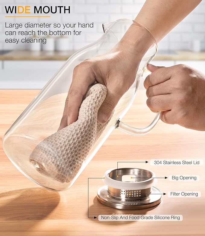 Glass Pitcher with Lid, 2 Liter 68oz Water Pitcher with Handle for Fridge, Large Drink Jug for Iced Tea, Coffee, Juice, Borosilicate Glass Carafe for Hot/Cold Brew Beverage, Heat Resistant