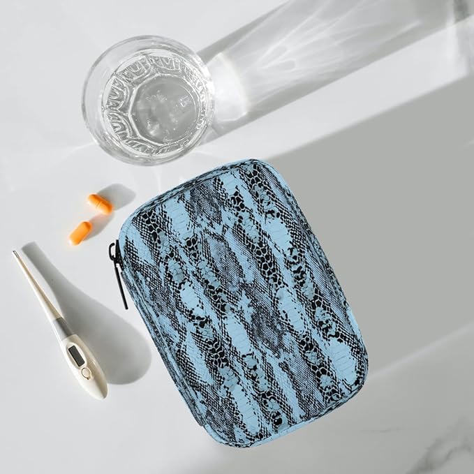 Blue Snakeskin Pill Case Everyday Travel, 7 Day Weekly Medicine Pill Box Compact Portable Pills Bottle Organizer with Zipper for Daily Vitamin Medicine Holder Bottle Organizers Bag