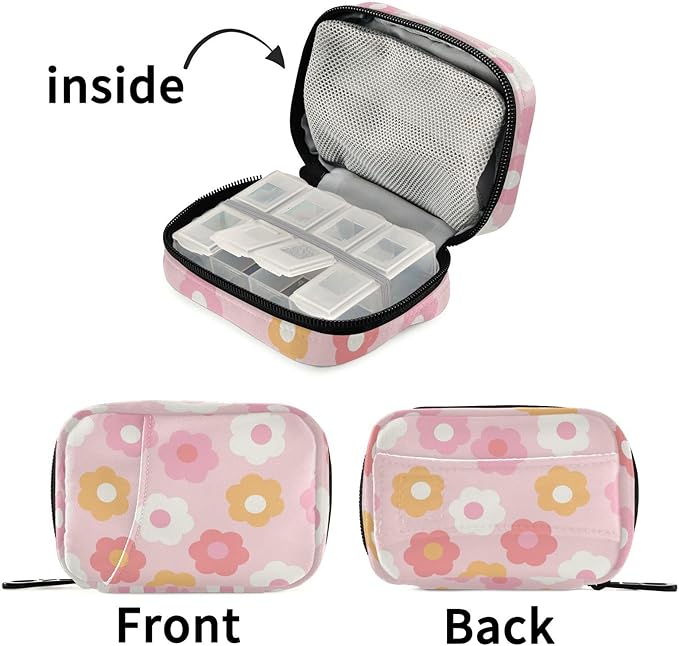 Fustylead 70s Groovy Retro Style Colorful Daisy Flower Travel Pill Organizer Case Zipper for Purse with Removable Weekly Pill Box for Medicine, Vitamin, Supplement Medicine Organizer