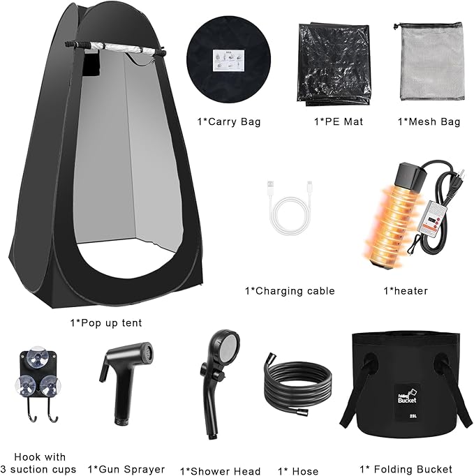 Portable Hot Shower Tent for Camping,Pop Up Privacy Tent with Rechargeable Camping Shower with 2000w Immersion Water Heater