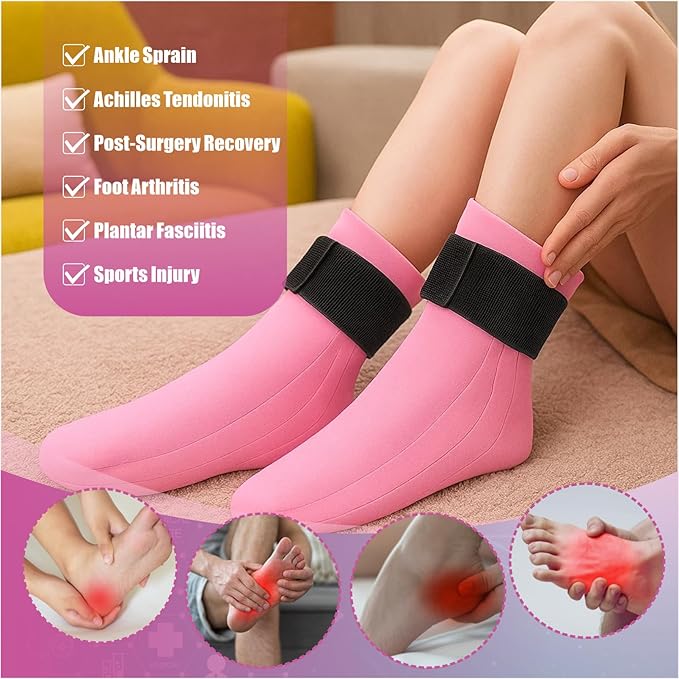 Foot Cold & Hot Gel Pack Sock for Neuropathy, Plantar Fasciitis, Gout, Swelling, Sprains, Heel & Ankle Pain Relief, Injury Recovery Cooling Compress Wrap (Pink-2pcs)