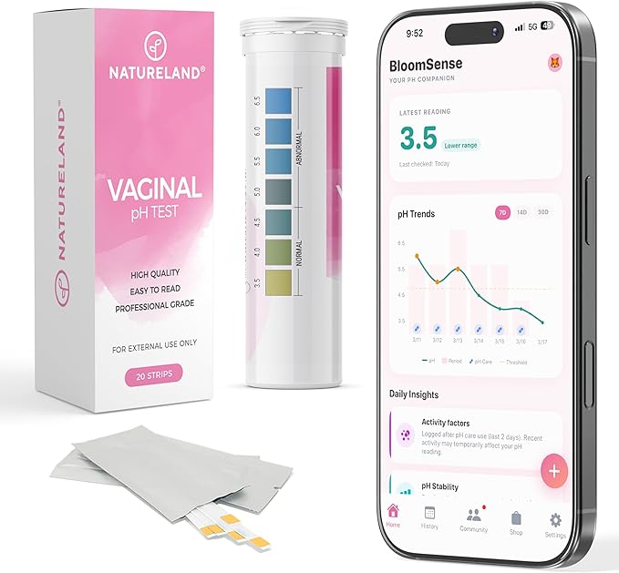 NATURELAND Vaginal pH Test Strips for Women – At-Home Test Kit, with BloomSense App, Accurate 3.5-6.5 Range, Foil-Sealed (20 Strips)