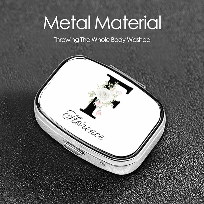 Custom Pill Box Personalized Square Small Pill Case with Mirror Add Your Photo Text Logo Name Decorative 2 Compartment Portable Metal Medicine Container Vitamin Organizer for Pocket Purse Travel (F)