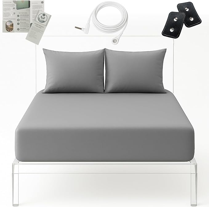 Premium Fitted Grounding Sheet - Gray, Queen (60"x80"), 95% Organic Cotton, 5% Silver Thread, 15' Upgraded Earthing Cord, for Better Sleep & Wellness with Holistic Alignment