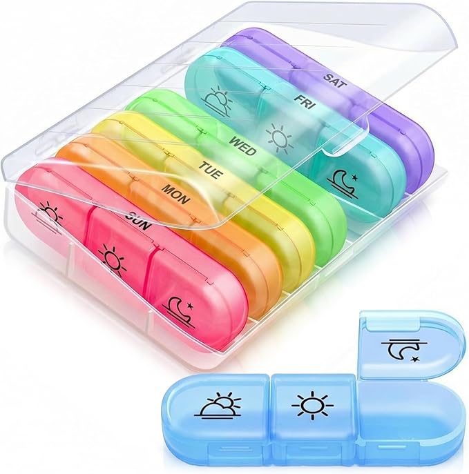 Weekly 3 Times a Day Pill Organizer - Large 7 Day Medicine Planner with Separate Daily Containers, Clear Storage Case, Easy Open Lids, Travel Pill Box for Vitamins, Supplements & Medication, Rainbow