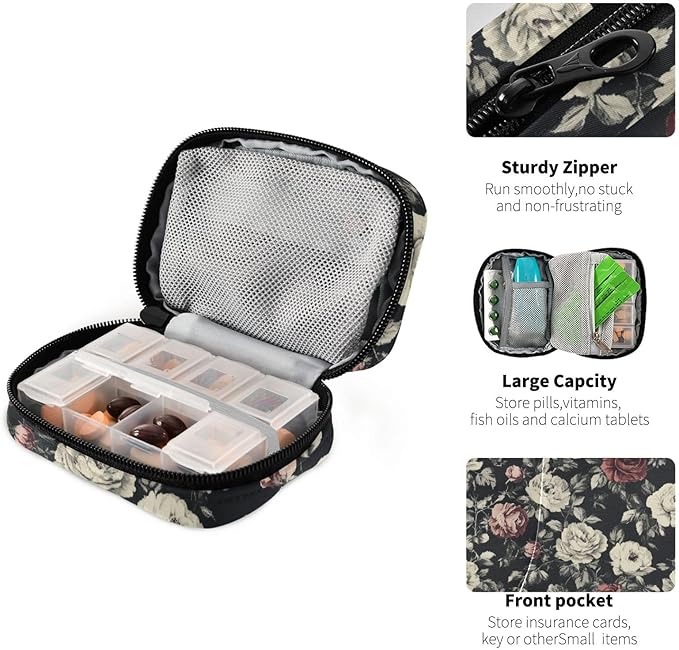 Travel Pill Case Florals Flower Plants Weekly Small Pill Box 7 Day Pill Box Pill Organizer Bag