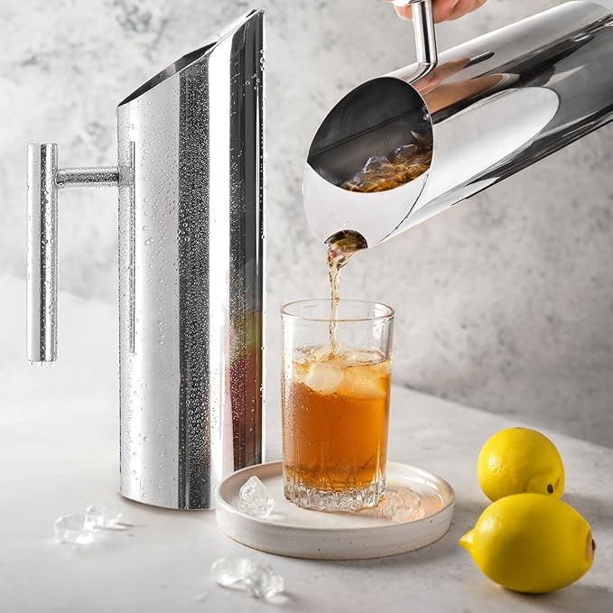 Hiceeden Stainless Steel Water Pitcher, 51oz/1.5L Modern Metal Pitcher with Ice Guard, Silver Carafe Drink Pitcher with Handle, Beverage Container for Iced/Hot Tea, Juice, Coffee, Milk