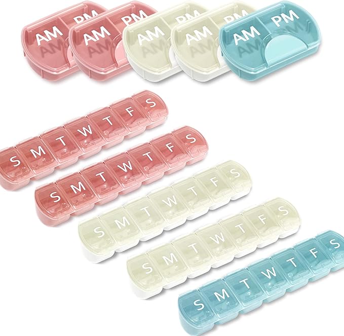 10 Pack (Weekly & Daily), 2 Times a Day (AM/PM) + 7-Day Pill Organizer, Vitamin Planner, Large Capacity, Travel Pill Case for Medication/Vitamins/Fish Oils/Supplements, Pink/White/Blue