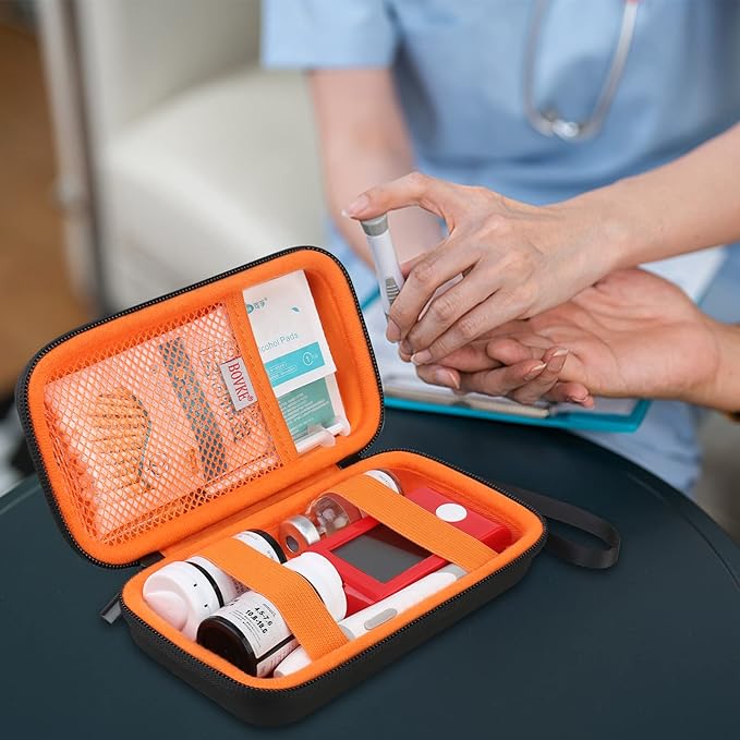 BOVKE Diabetic Supplies Travel Case, Storage Carrying Bag for Diabetes Testing Kit, Blood Glucose Monitor Meters, Test Strips, Medication, Lancets, Needles, Syringes and Other Diabetic Supplies, Black
