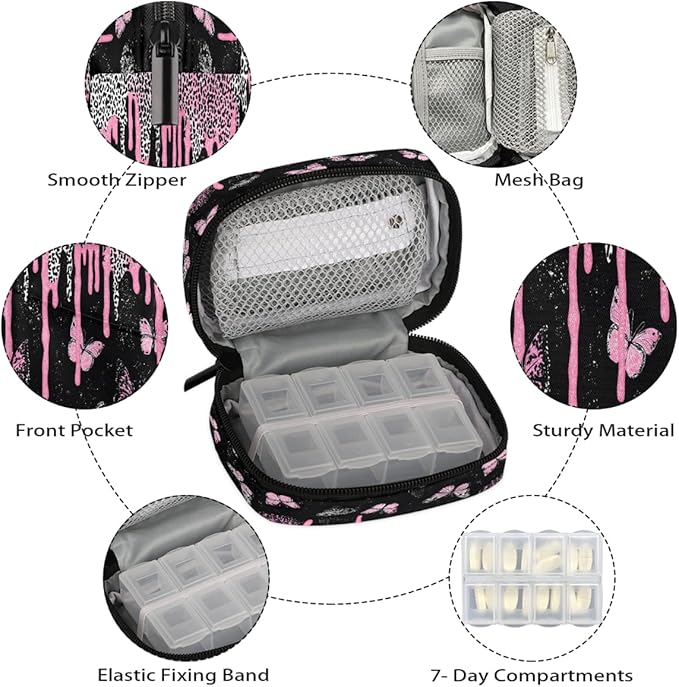 Pink Butterfly Art Pill Case Travel Pill Organizer Weekly 7 Day Portable with Zipper Medicine Box Pill Case for Vitamins, Birth Control,Fish Oils,Medication, Supplements