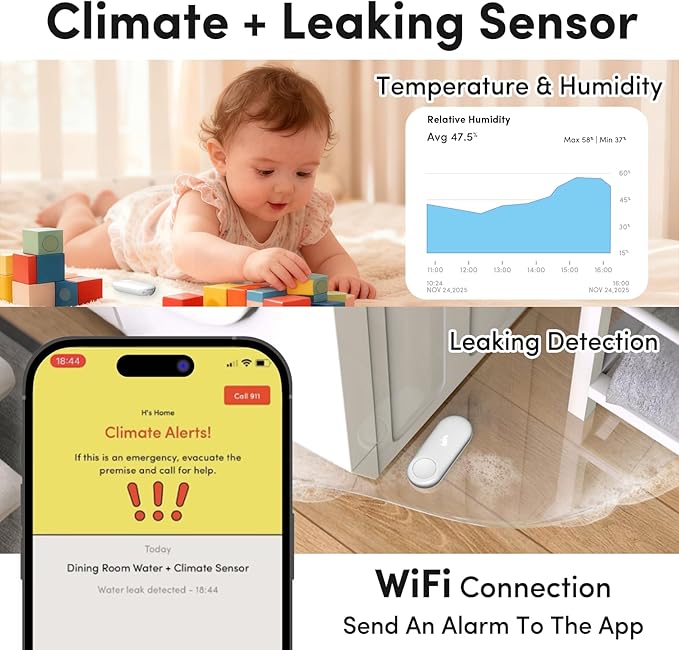 Water Leak Detector+Climate Sensor,Hygrometer Thermometer with App Notifications,Wireless 2.4G WiFi,Humidity Temperature Alarm,for Home, Basement, Kitchen,Washroom,Bedroom