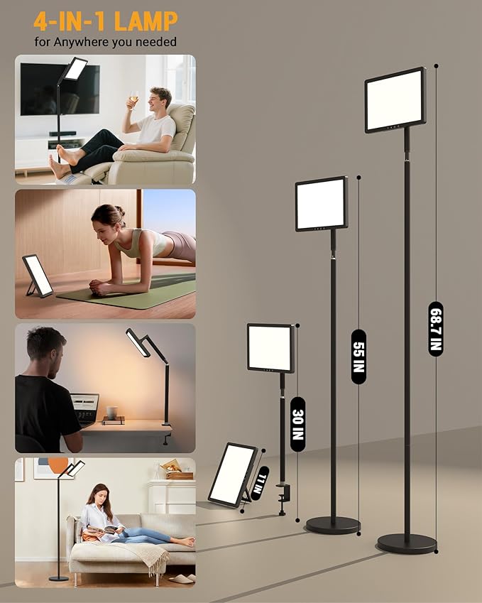 Light Therapy Lamp 12000 Lux UV-Free Full Spectum Floor Therapy Lamps, 4 in 1 LED Sun Lamp, 10 Brightess Levels, 5 Color Modes, Remote&Touch Control, Adjustable Timer/Height/Angle, Black