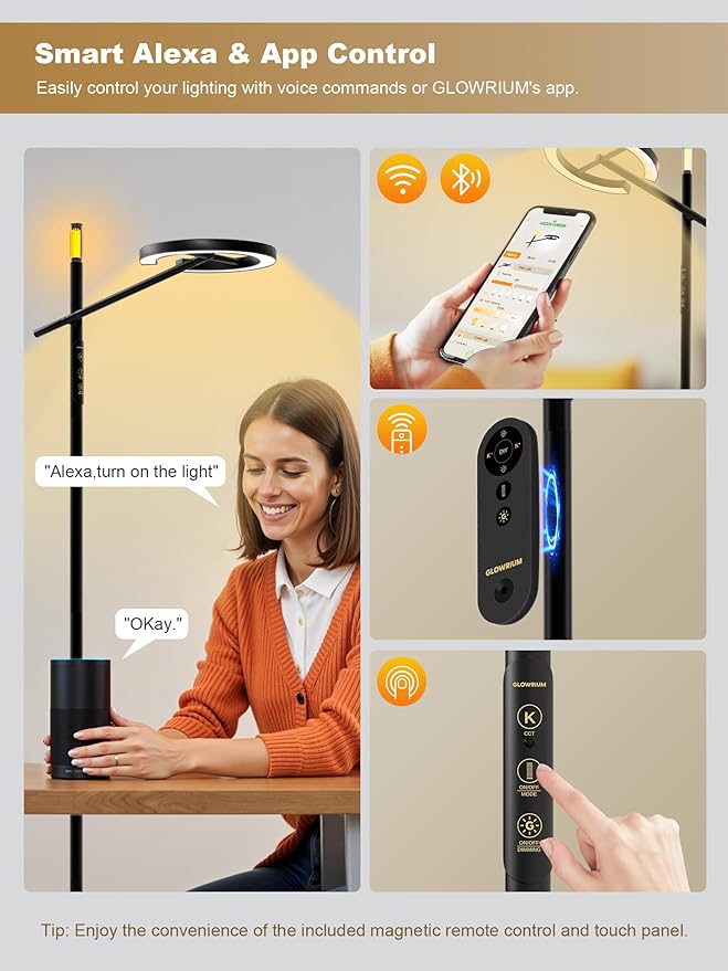 GLOWRIUM Smart Light Therapy Lamp, 10000 Lux UV-Free Sun Lamp, 2700-6500K Floor Lamp Therapy Light, Stepless Dimmable Energy Sunlight with App & Remote, Timer, Cozy Light Settings for Winding Down