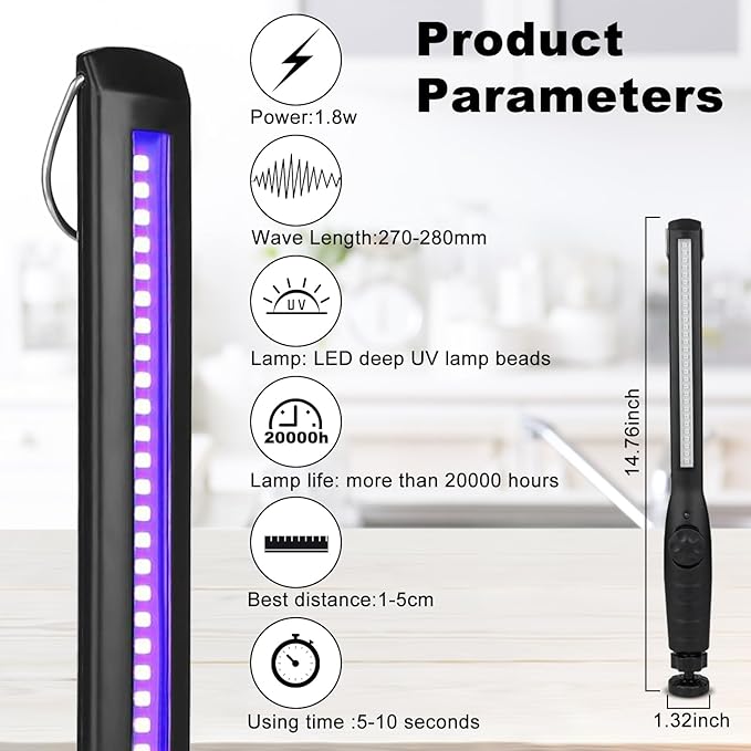 UV Light Sanitizer Wand – Portable Ozone-Free Ultraviolet Disinfection Lamp, USB Rechargeable, Kills 99.9% of Germs & Bacteria, Family & Pet Safe. for Home, Travel, Hotel, Car & Pet Areas