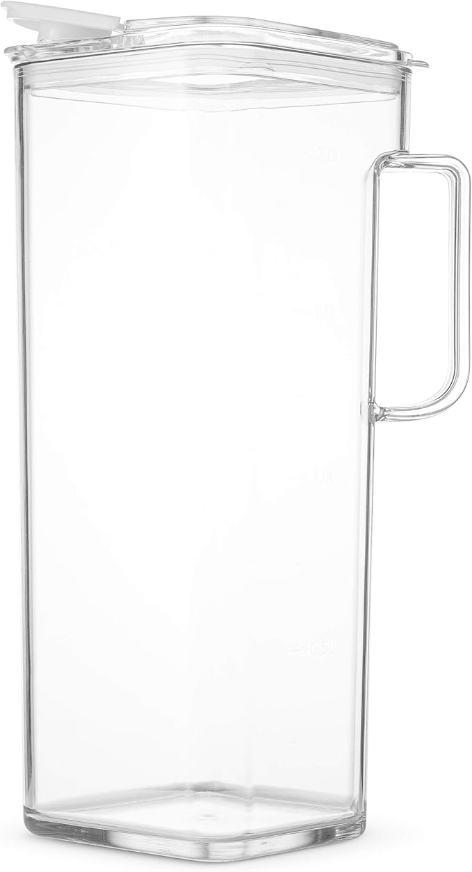 Komax Tritan Plastic Water Pitcher with Lid – BPA-Free, Square Water & Iced Tea Pitcher - Dishwasher Safe – Tea, Sangria, or Juice Containers with Lids for Fridge (2.4 Qt)