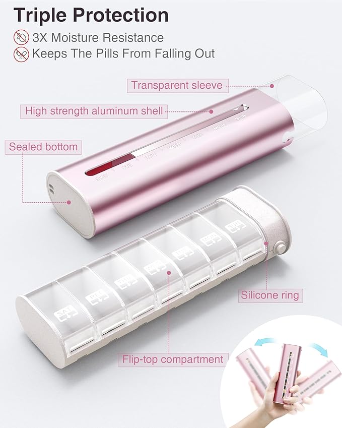 Zannaki Aluminum 7 Day Weekly Pill Organizer, Portable Travel Pill Case with Three Layer Seal, Large Capacity Cute Daily Pill Box, Pill Holder Container for Vitamins, Pills, Supplements and Medication