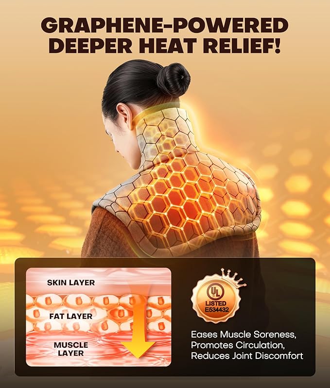 Graphene-Infused Instant Heating Pad with 3M Thinsulate, Ergonomic Weighted Heating Pad for Neck and Shoulders and Back, Heated Neck Wrap w/ 6 Heat Options 4 Auto Timer, Christmas Gifts for Women Men