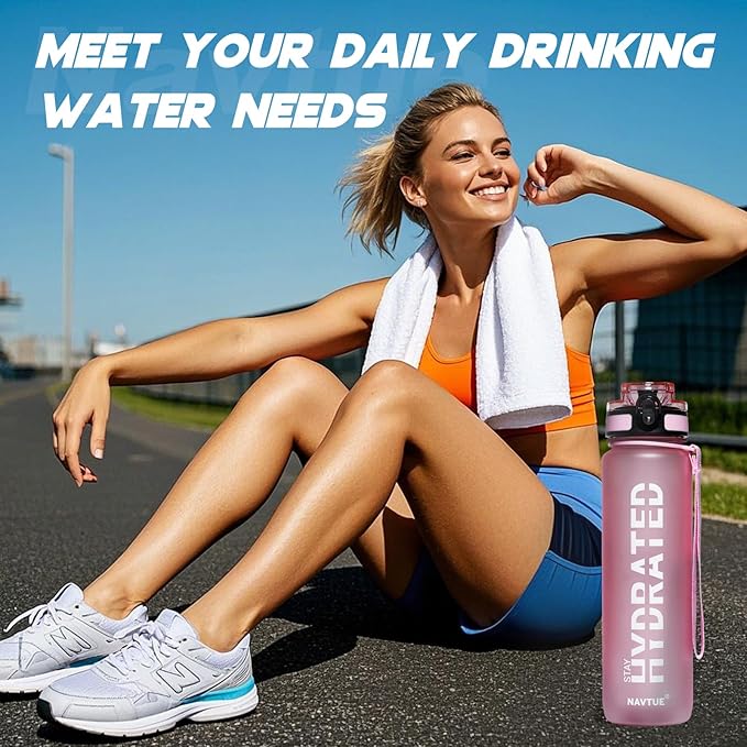 Water Bottle, 32oz Sports Water Bottles with Time Marker Wide Mouth, Motivational and Leakproof Drink Bottle, BPA Free Tritan with Carry Strap for Gym Fitness Outdoor (1 Bottle)