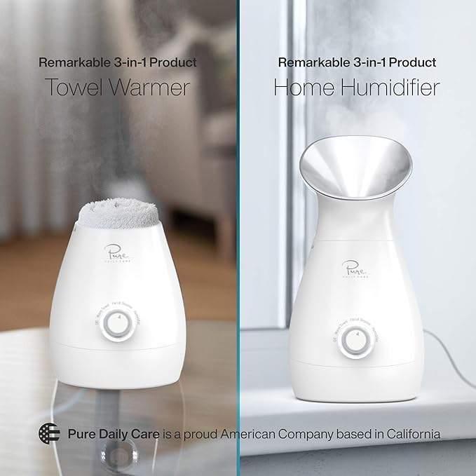 Pure Daily Care NanoSteamer Large 3-in-1 Nano Ionic Facial Steamer with Precise Temp Control - Humidifier - Unclogs Pores - Blackheads - Spa Quality - Bonus 5 Piece Stainless Steel Skin Kit (Silver)