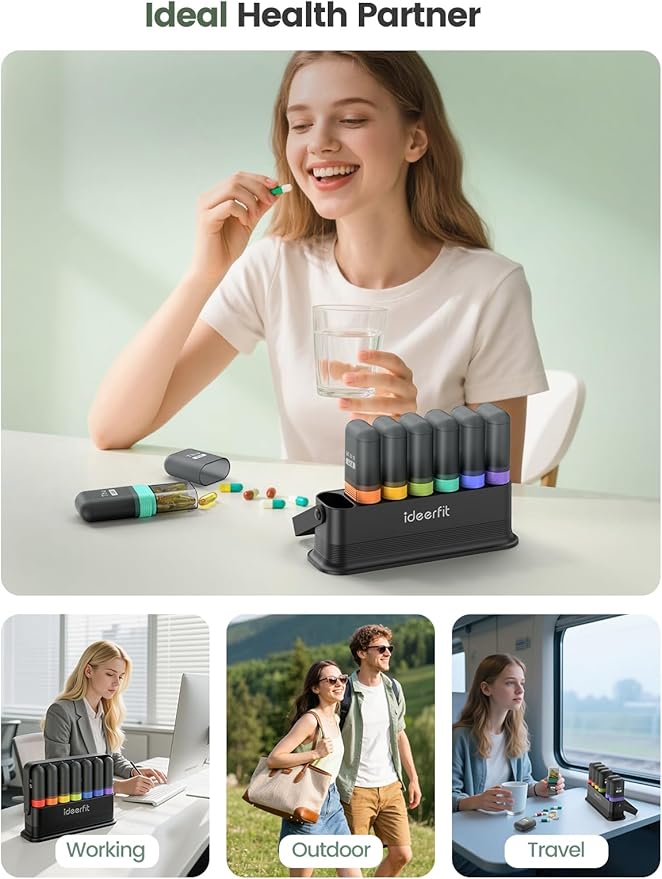 Weekly Pill Organizer 7 Day Two Times a Day, Rotatable Silicone Handle & 7 Detachable Daily Cases, Built-in Desiccant Moisture-Proof Travel Pill Box for Fish Oil, Vitamins & Supplements - Ideerfit