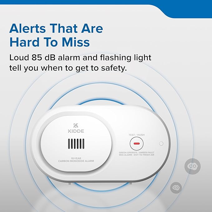 Kidde Carbon Monoxide Detector, 10-Year Battery Powered, LED Status Indicators, 85 dB Alarm, 5th Edition, COB10