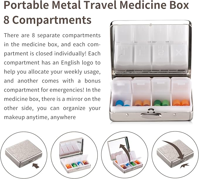 Portable Metal Travel Medicine Box/8 Compartments (Silver)