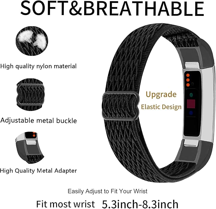 Adjustable Elastic Nylon Bands Compatible with Fitbit Alta and Alta HR Fitness Tracker, 2 Pack Braided Stretchy Wristband Accessory Bracelet Watch Strap Sport Replacement Band for Women Men