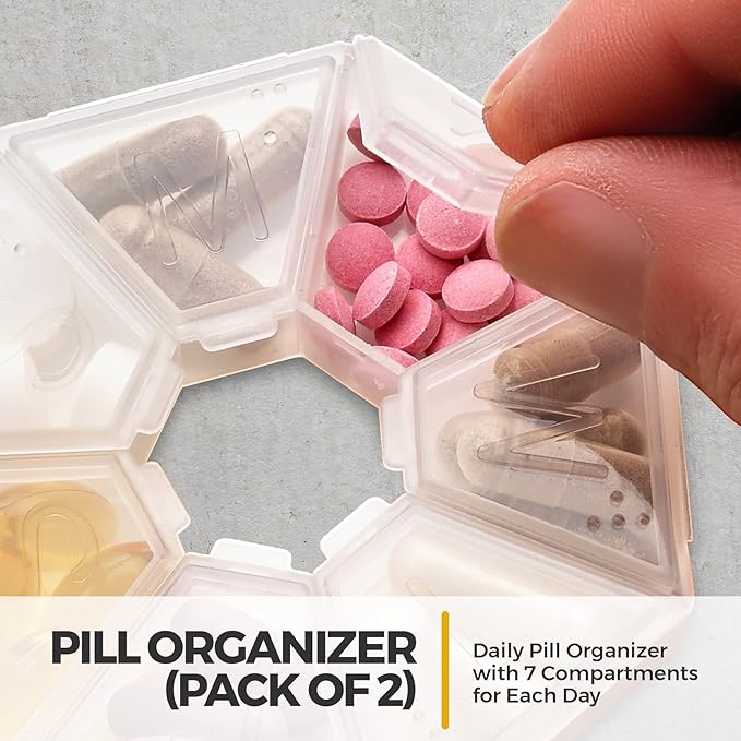 MEDca Weekly Pill Organizer Clear 7-Sided Pill Reminder, Round Shaped, Pack of 4