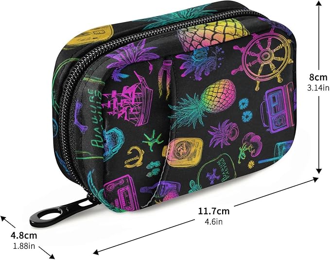 Neon Ships Pineapple Skull Black Travel Pill Organizer Case Box Container Weekly Portable Vitamin Medicine Holder Storage Bag with Zipper Removable