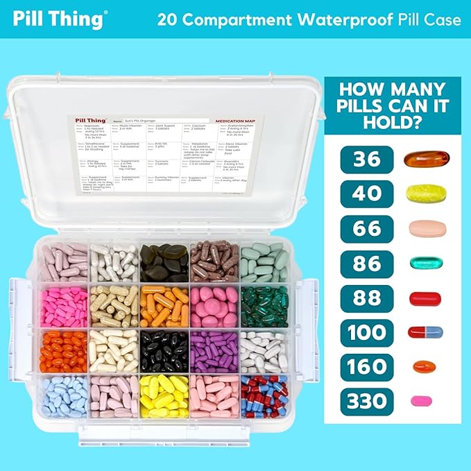 20 Compartment Large Pill Case, Combo of Clear & UV Protected Blue, Airtight & Waterproof Silicone Seal, Spill Proof, Medication Maps & Medical Alert Card (Combo Pack - 1 Blue & 1 Clear)