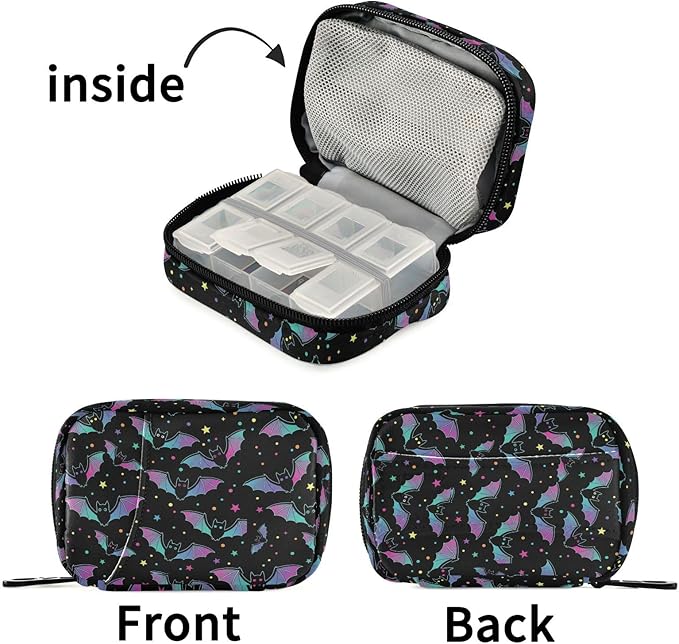 Travel Pill Organizer Bag Weekly Pill Organizer Case Goth Magic Galaxy Bat Portable Small Daily Pill Boxes for Vitamin Fish Oils Supplement Holder with Zipper Compact Size