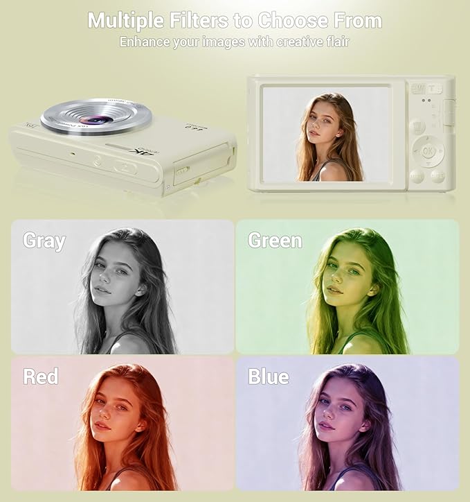 Digital Camera,Upgraded FHD 4K Digital Camera for Teens Girls Boys,Compact Digital Cameras with 64GB Memory Card,2 Batteries,Small Camera with 16X Autofocus Digital Zoom for Vlogging,Cream