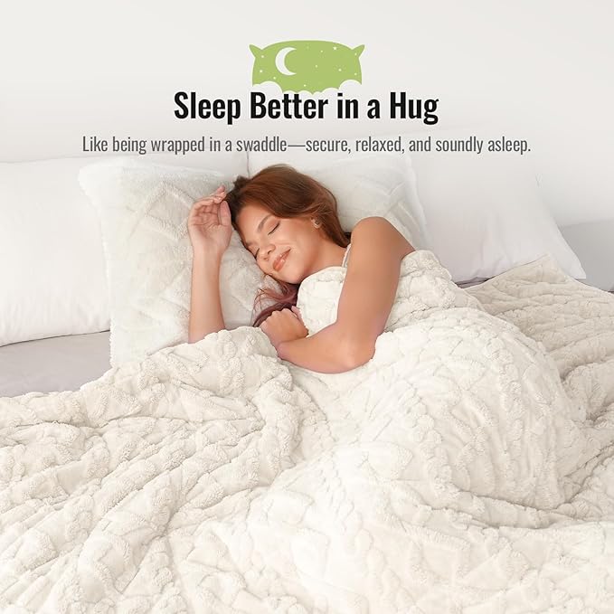 Uttermara Weighted Blanket for Adults Queen Size 15lbs 60x80 inches, Dual Sided Soft Jacquard Sherpa Weighted Blankets, Thick Heavy Blanket for Sleeping and Calming, Cream White