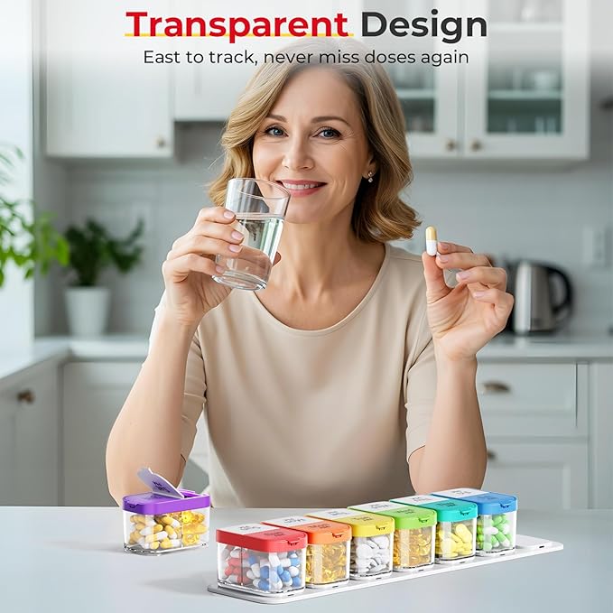 Odaro Extra Large Weekly Pill Organizer, XL Pill Box 7 Day AM PM, Jumbo Medicine Organizer 2 Times A Day to Hold Daily Medicine, Vitamins, and Supplements, Rainbow & Cyan/White (Set of Two)