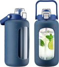 72oz Glass Water Bottle with 2-IN-1 Straw &Chug Lid, Large Motivational Glass Bottle with Capacity Marker and Silicone Sleeve, 2.1Liter Gallon Water Jug for Home, Sports, Gym, BPA Free-Blue