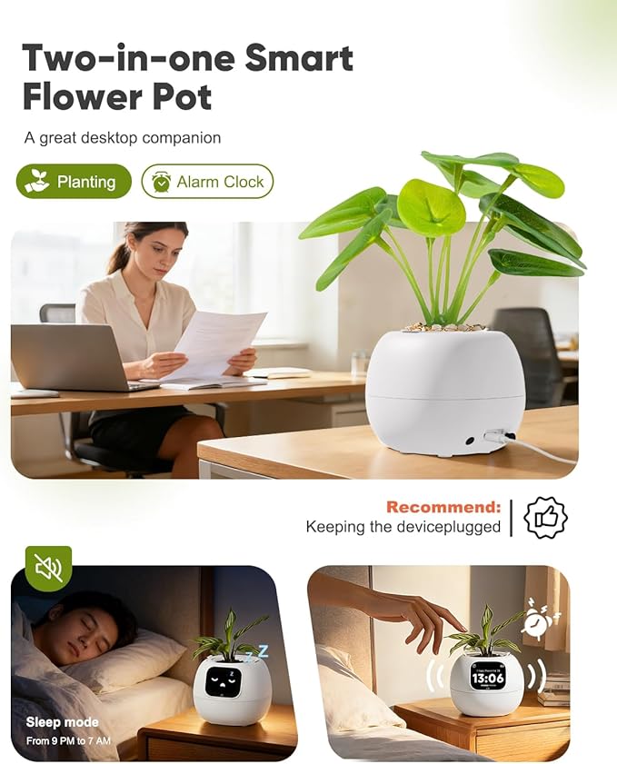 Smart Flower Pot, Smart Pet Planter Robot Guidance on Plant Care with Emoticons, Adorable Plant Companion with Alarm Clock, Living Room Desk Setup Gift