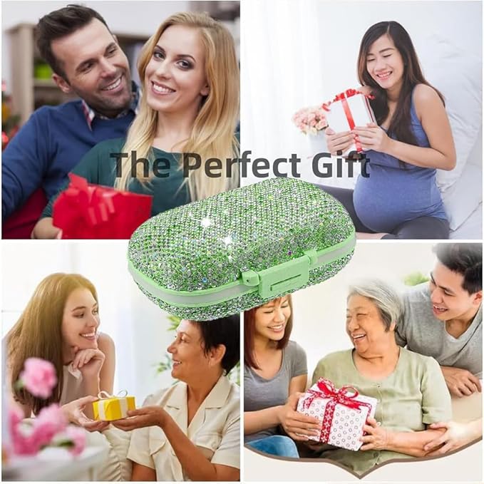 Daily 6 Compartments Pill Box Container Bling Diamond for Purse Medicine Container Holder for Women Travel Kit Medicine (AB Green)